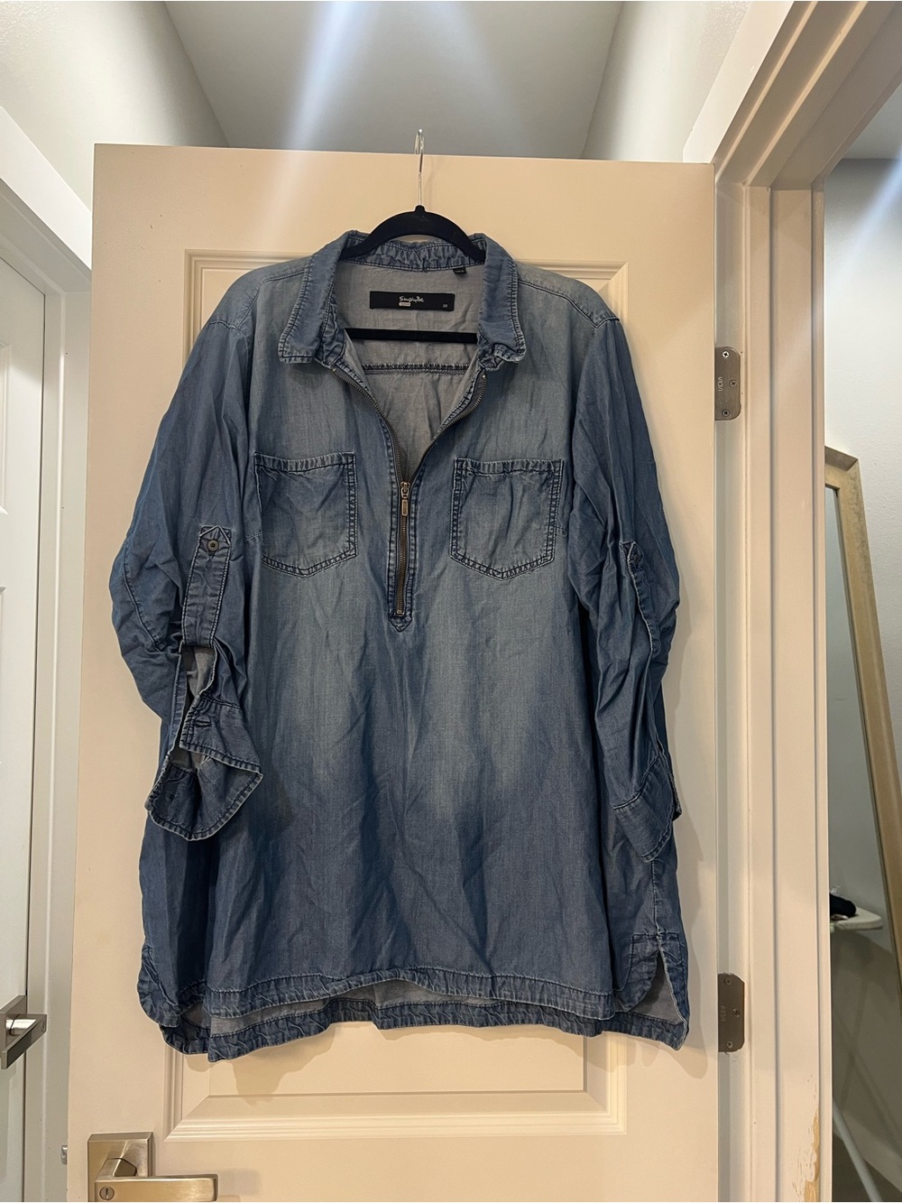 Simply Be Denim Size 30 Blue Chambray Zip Front Tunic Top Roll Tab Sleeves